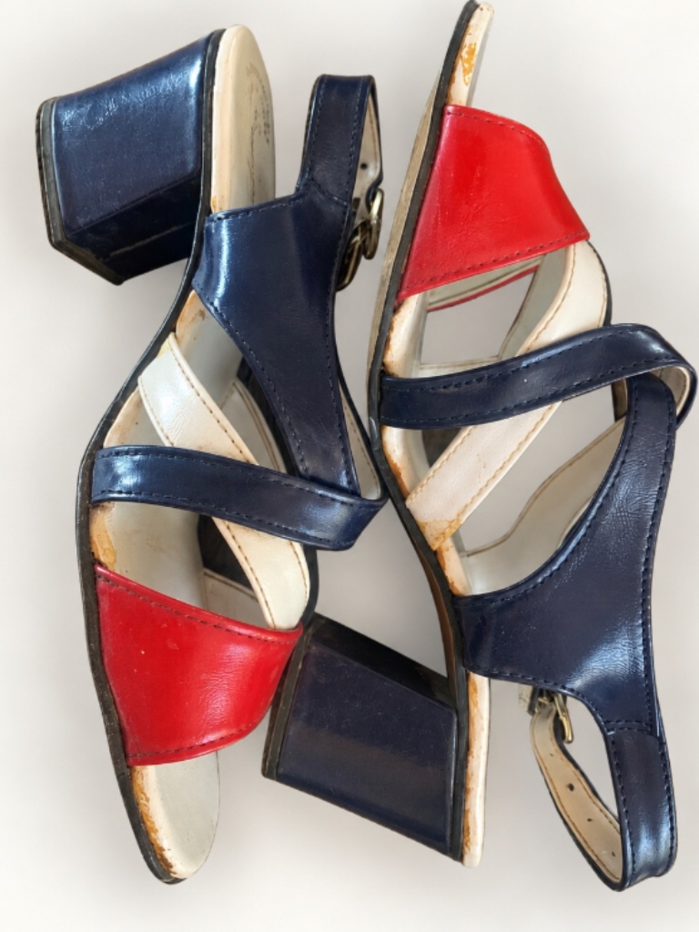 Vintage 1970s Red White Blue Platform Slingback Sandals